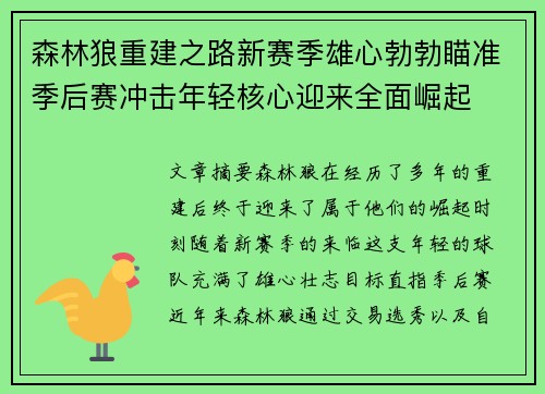 森林狼重建之路新赛季雄心勃勃瞄准季后赛冲击年轻核心迎来全面崛起