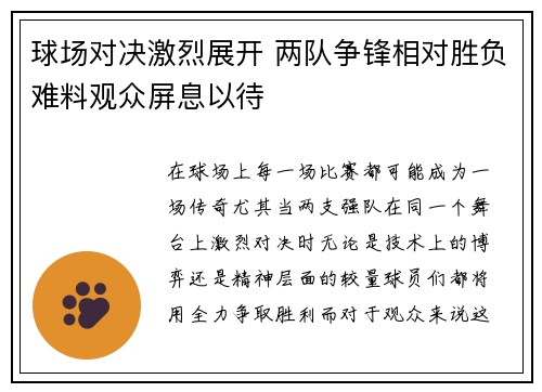球场对决激烈展开 两队争锋相对胜负难料观众屏息以待